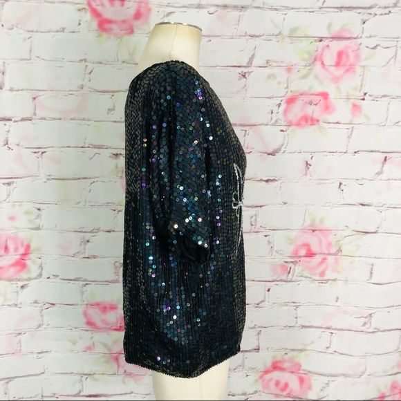 🔥5 for $25 sale🔥 Vintage Rainbow sequins dolman floral front silk blouse - Picture 5 of 9
